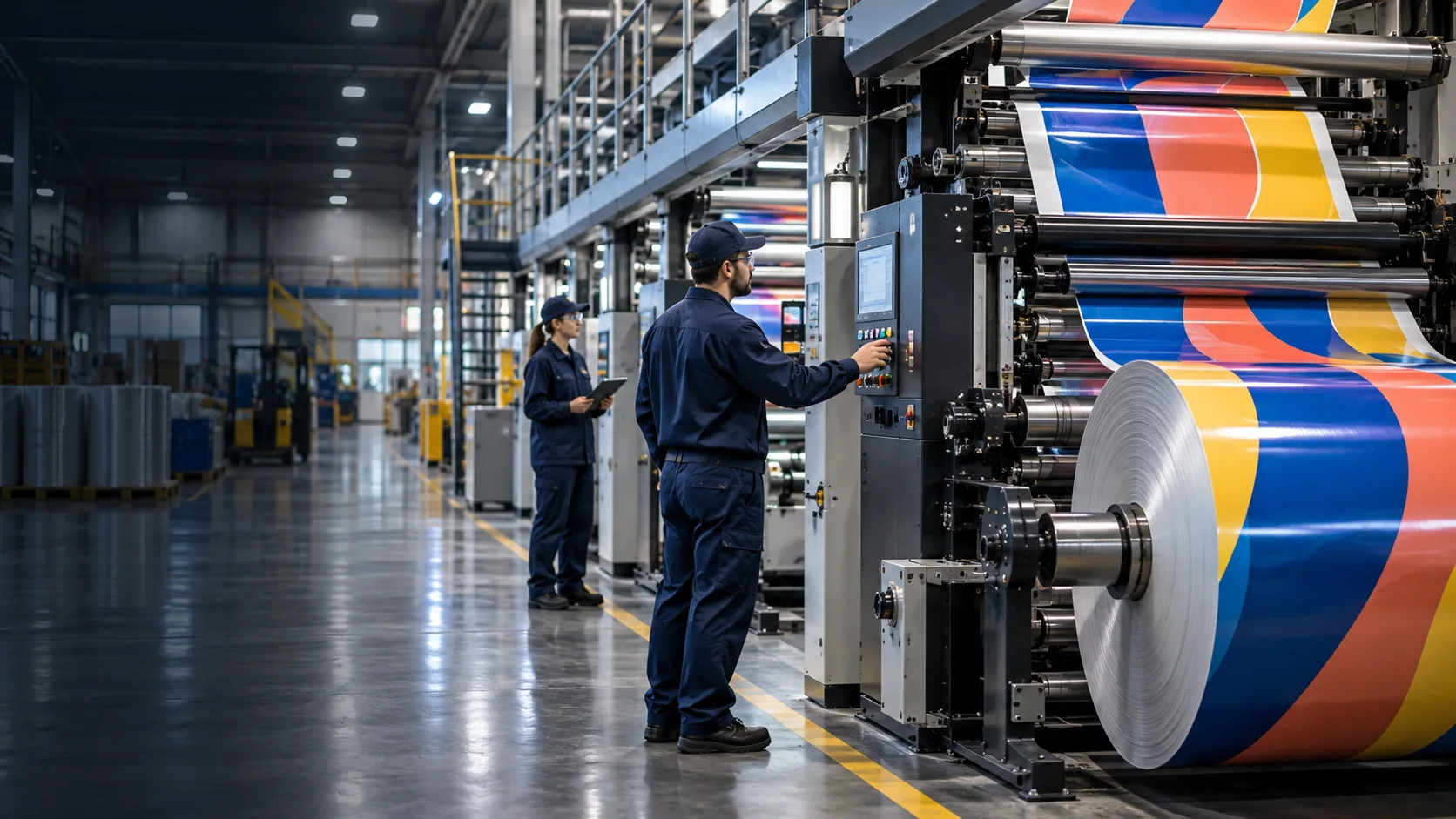 Flexible packaging film moving through a modern printing line