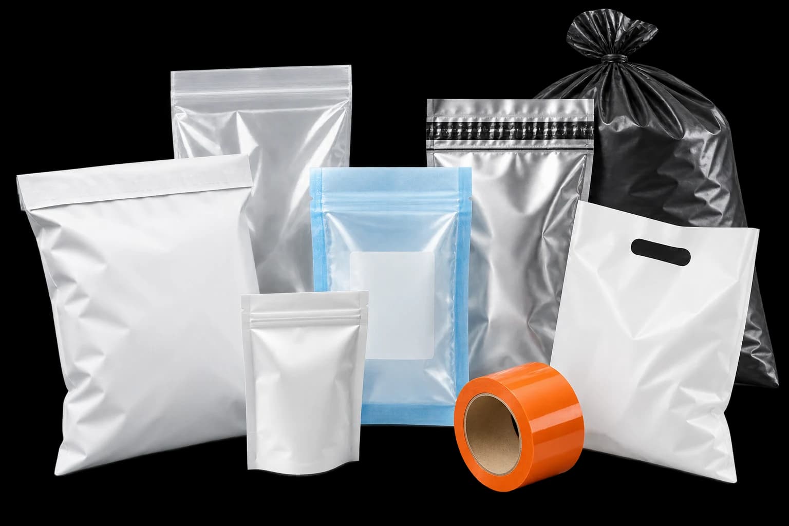 A representative range of custom bags, pouches and printed packaging tape